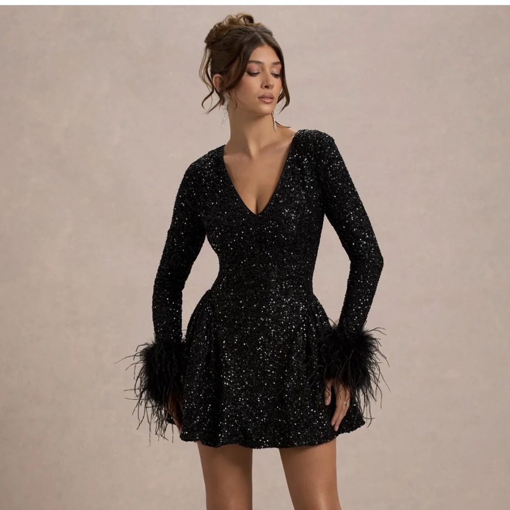 Club L London Lopez Black Sequin Mini Dress with feather cuffs